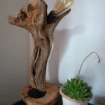 Lampe à poser en bois flotté dont la forme évoque un poing. l'ampoule est éteinte