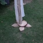 Arche extérieure en bois flotté avec les pied en forme de feuilles vue des pieds serrés