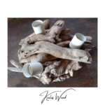 Applique en bois flotté avec trois culot pour ampoule. La signature Kalos Wood est présente en bas de l'image